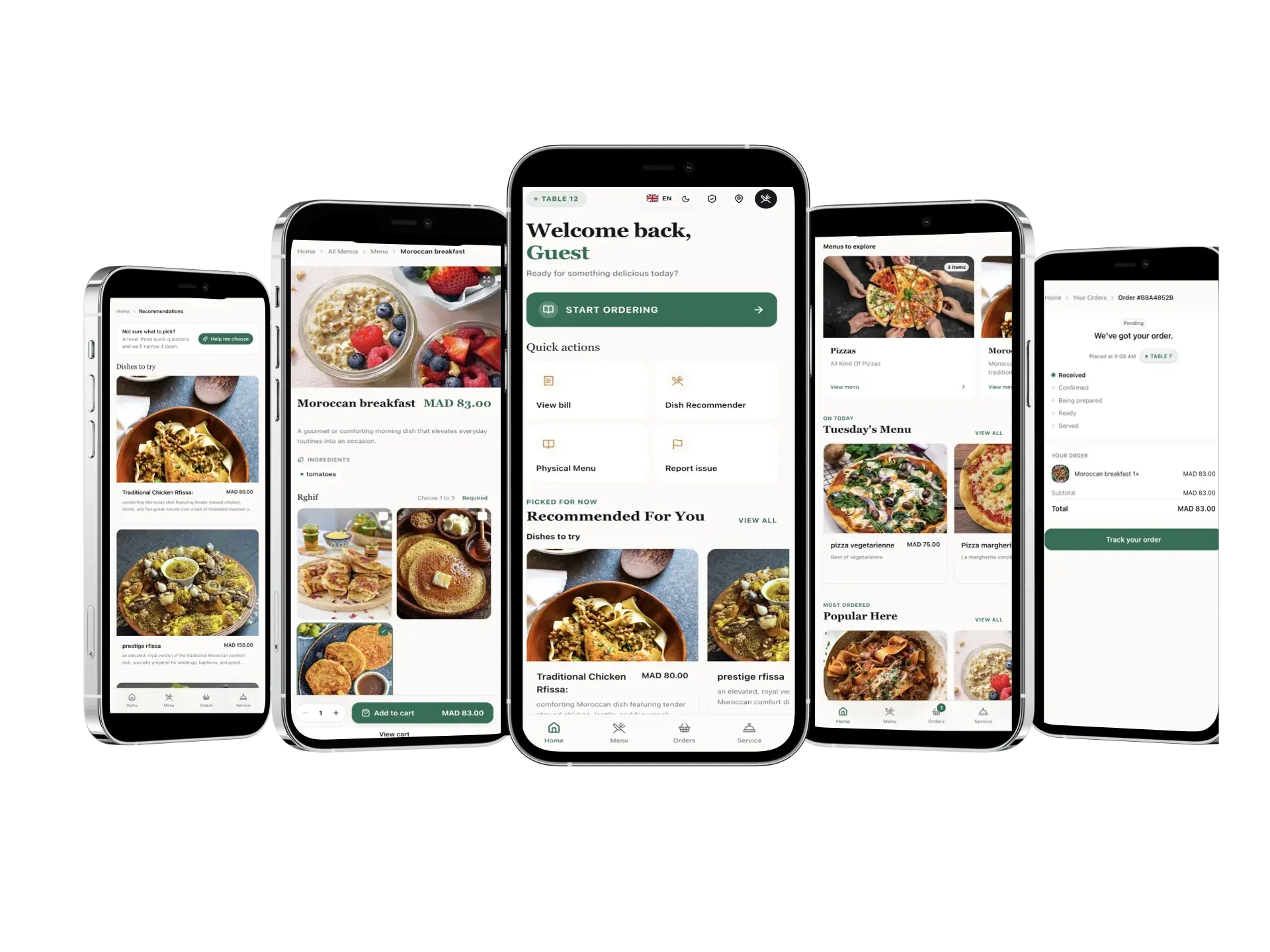 Five Osoul guest app screens showing menu browsing, dish details, recommendations, and service requests